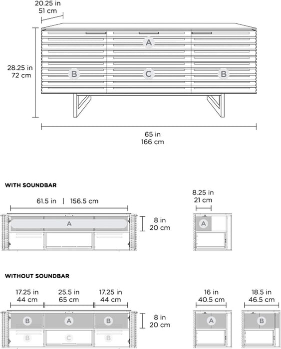 Corridor 8177-65'' TV Stand for Tvs up to 70" with Soundbar Shelf, Storage Drawer, Cable Management, Remote-Friendly Louver Doors, Satin-Etched Glass Top, Chocolate Stained Walnut
