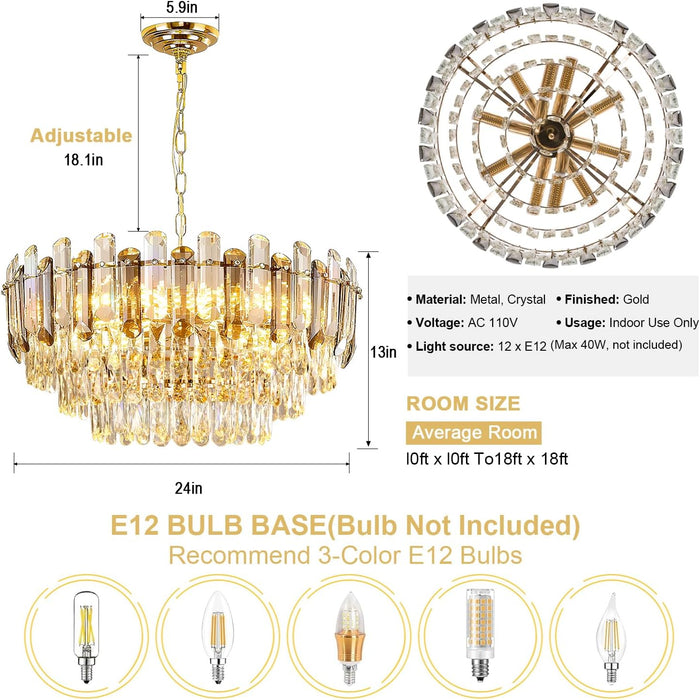 Luxurious Gold Crystal Chandelier 24 Inch Lighting