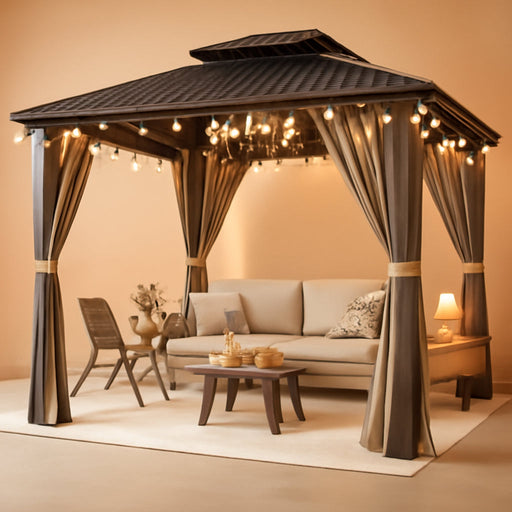 10'X12' Gazebo Hardtop Gazebo, Aluminum Frame Pergola with Double Galvanized Steel Roof, Permanent Outdoor Metal Canopy with Curtain & Netting for Patio, Backyard, Deck, Dark Grey