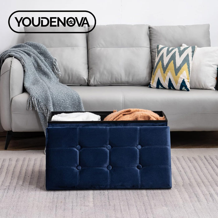 30 Inches Folding Storage Ottoman Bench, Velvet Storage Chest, Footrest Couch with Wooden Legs, Support 350Lbs for Bedroom, Living Room, Hallway, Navy Blue