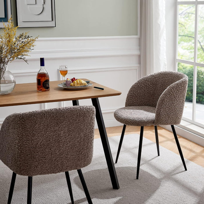 Accent Chairs Set of 2, Fuzzy Sherpa Dining Chairs with Barrel Back, Upholstered Faux Fur Armchairs with Black Metal Leg, Living Room Chairs (Light Brown)