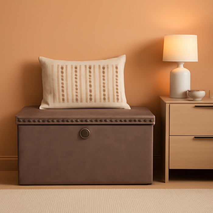 30 Inches Storage Ottoman Bench, Foldable Foot Rest with Rivet Design, 15 X 30 X 15 Inches, End of Bed Bench Footstool, Storage Chest, Load up to 330 Lb, for Living Room, Bedroom, Entryway, Oak Brown