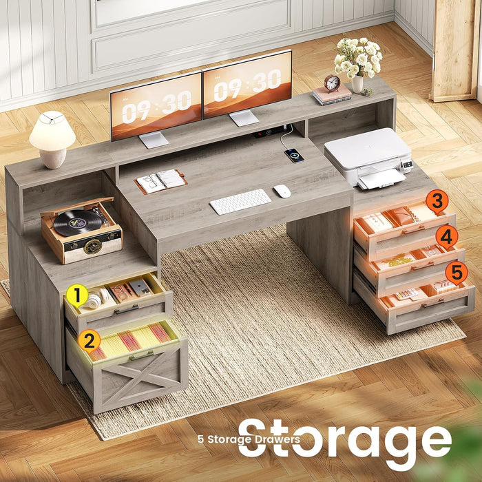63" Executive Office Desk with 5 Drawers, Grey