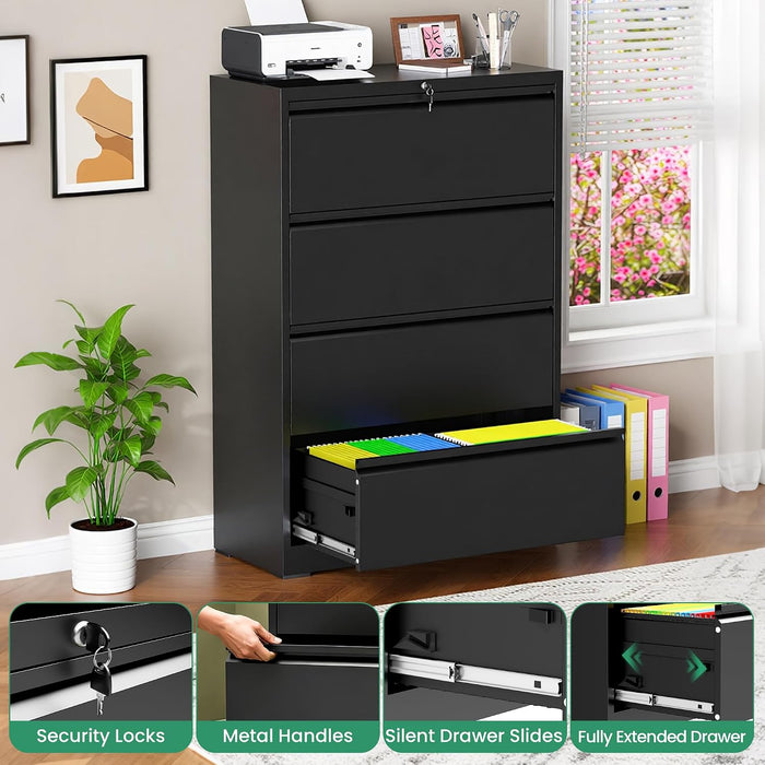 4 Drawer File Cabinet,Metal Lateral Filing Cabinet with Lock,Home Office Storage Organizer Cabinet for Legal/Letter/A4/F4 Size Files,35.5" W,Black