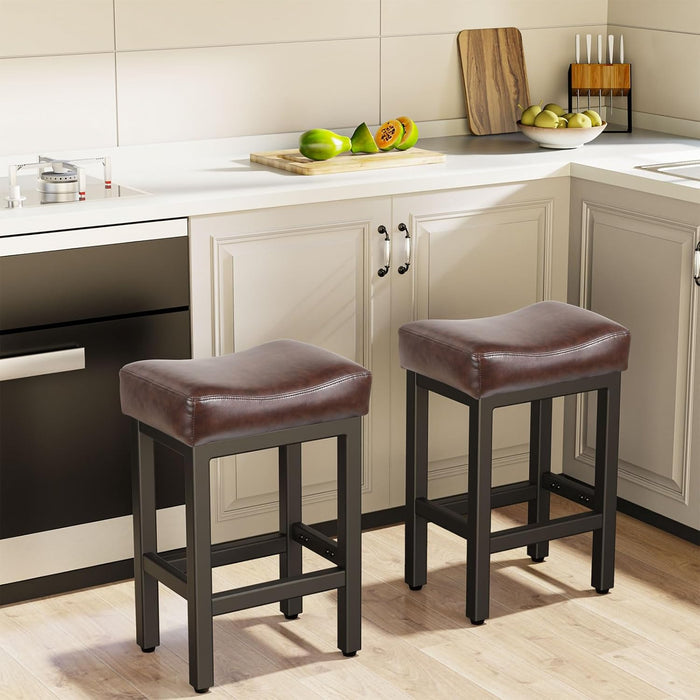 Counter Height Bar Stools Set of 2, 24 Inch Barstools for Kitchen Island Counter, Bonded Leather Kitchen Stools with Thick Saddle Seats & Heavy Duty Metal Base, Easy Assembly, Gray/White