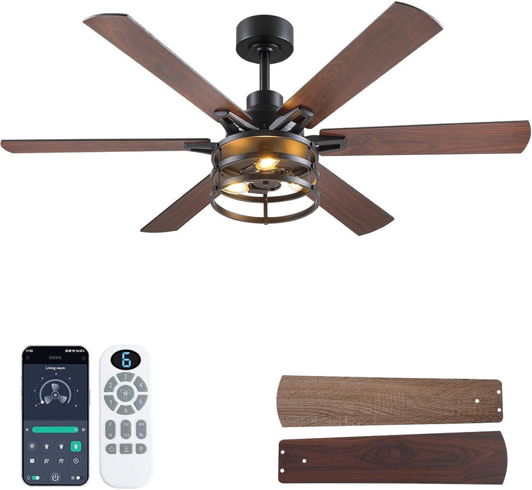 52 Inch Farmhouse Ceiling Fan with Light and Remote, Brown Industrial Caged Rustic Ceiling Fan with 6 Speed