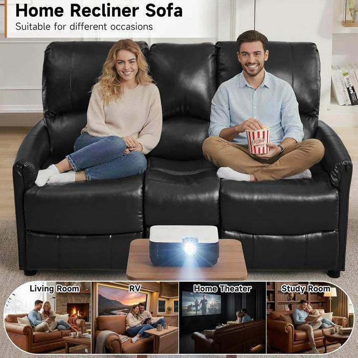 Manual Reclining Loveseat Sofa with Reversible Console, Double Recliner Couch with Cup Holders & Charging Ports, PU Leather 2-Seater Recliner Sofa for Living Room, RV, Small Spaces, Black