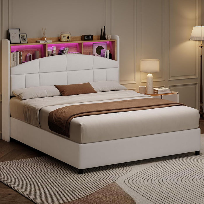 Queen Size Bed Frame with Headboard and LED Lights, Velvet Upholstered Platform Bed Frame with Wooden Slats Support, No Box Spring Needed, No Noise, Beige