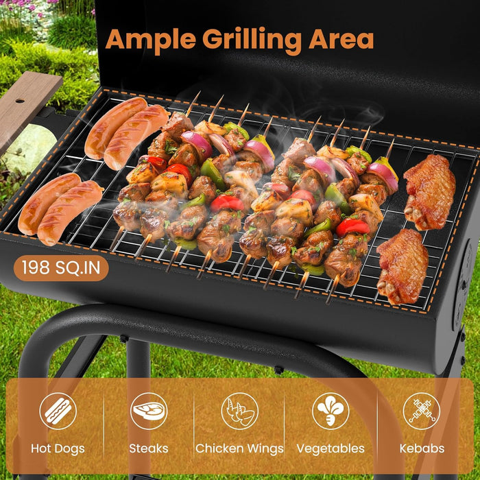Portable Charcoal Grill with Foldable Side Table, Outdoor BBQ Smoker Grill with Wheels, Thermometer, Adjustable Air Vent, Bottom Shelf, Barrel Barbecue Grills for Patio, Camping & Tailgate