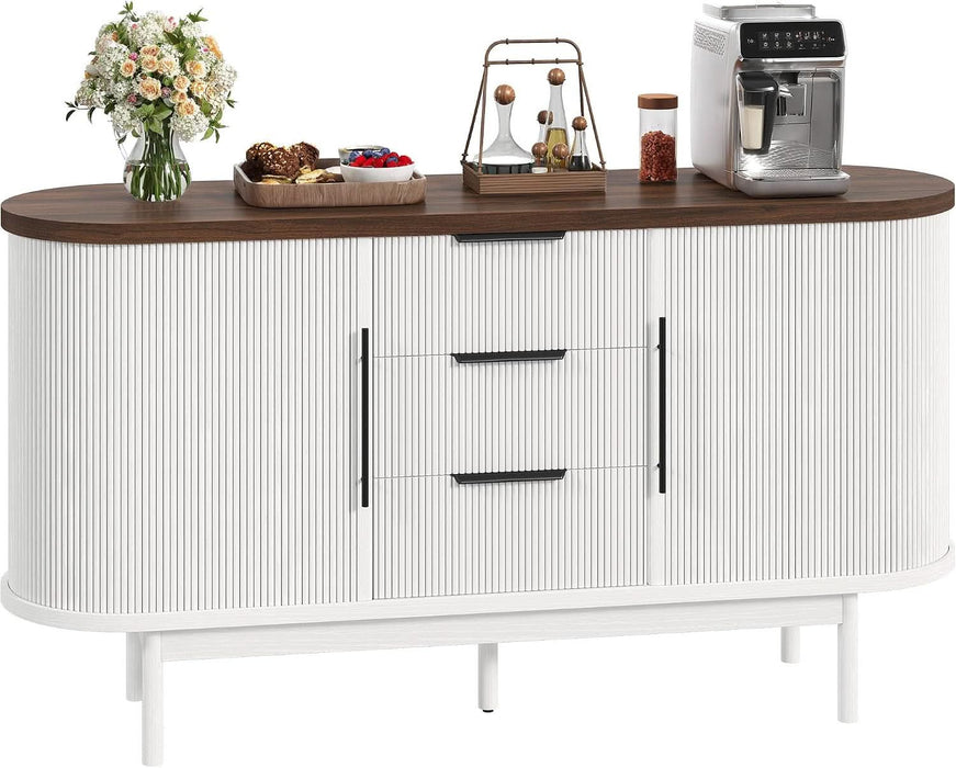 Fluted Sideboard Buffet Cabinet with Storage, White & Brown