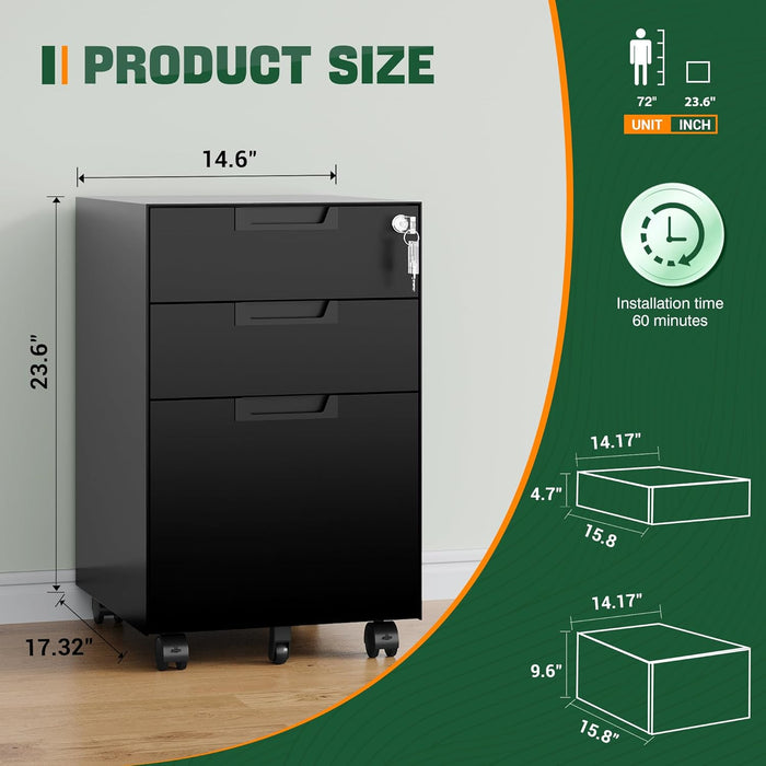 3 Drawer Mobile File Cabinet with Lock,Under Desk Metal Small Filing Cabinets for Home Office Organizer Letters/Legal/A4(Fully Assembled except Wheels-Black)