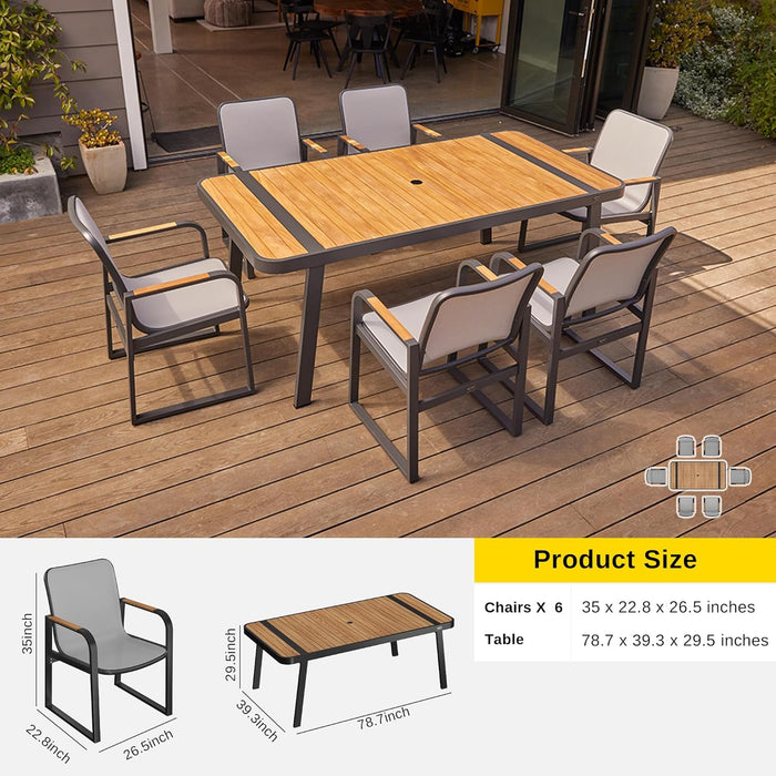 Signature 7 Pieces Outdoor Dining Set, Patio Furniture Set with Finest Teak Wood, Powder-Coated Aluminum Frame Table and Teslin Fabric Chairs, Patio Dining Set for Garden and Yard, Dark Grey