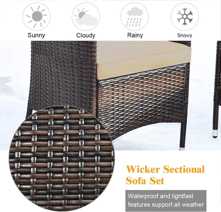 4-PCS Patio Rattan Conversation Set, Outdoor Wicker Furniture Set with Tempered Glass Coffee Table &Thick Cushion, Rattan Chair Wicker Set for Garden, Lawn, Poolside and Backyard (1, Brown)