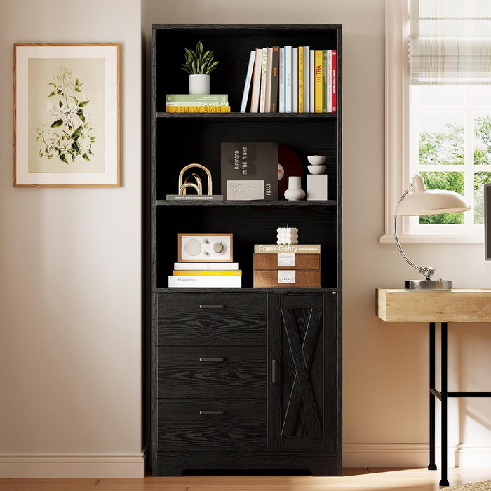 Bookshelf with Door and 3 Drawers, 71In Tall Bookcase Shelf with 3-Tier Shelves, for Bedroom Living Room Entrance Hallway Home Office