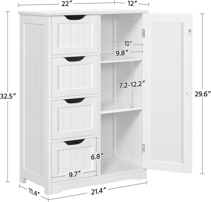 Wooden Floor Cabinet, Side Storage Organizer with 4 Drawers and 1 Cupboard, Freestanding Entryway Storage Unit Console Table, Bathroom Furniture Home Decor, White