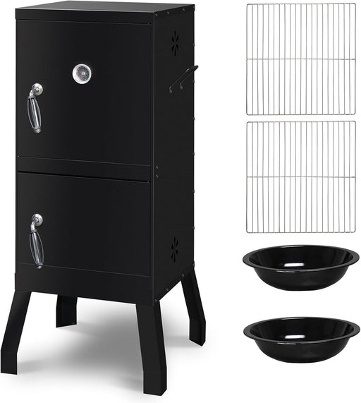 Outdoor Smoker with Double Doors, Vertical Charcoal Smoker, Outdoors Charcoal Barbeque with 2 Detachable Grill Netting Smoking Racks, Suitable for Lawn Picnic, Backyard BBQ, Black
