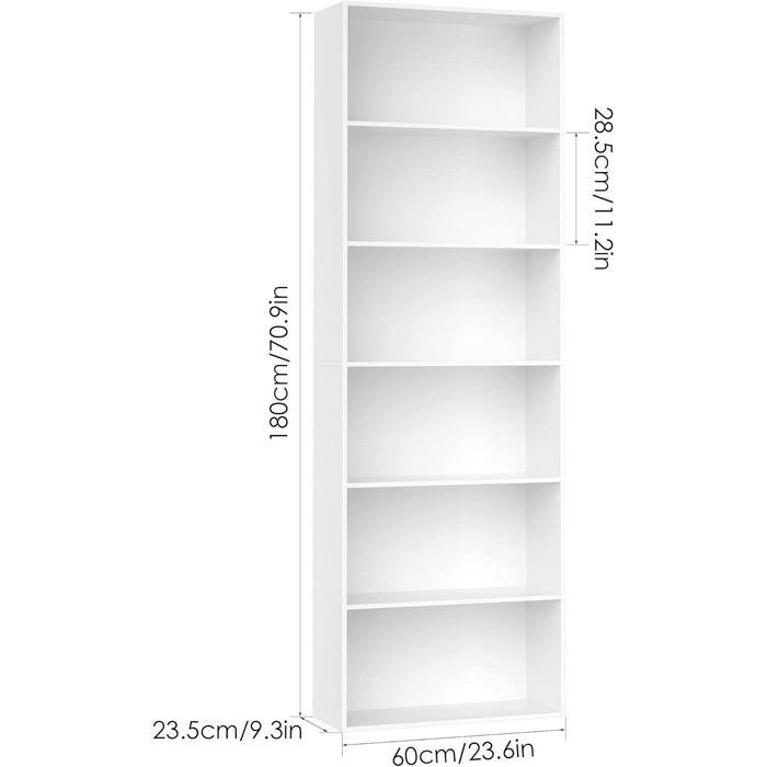 6-Tier Open Bookcase and Bookshelf, Freestanding Display Storage Shelves Tall Bookcase for Bedroom, Living Room and Office, White