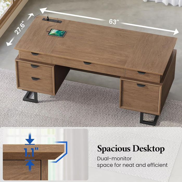 63" Executive Desk with Charging Station, Large Home Office Desks with 6 Drawers and 2 Storage Cabinets, File Drawer, Keyboard Tray, Privacy Panel, Desk Grommet, U-Shaped Metal Legs for Work and Study