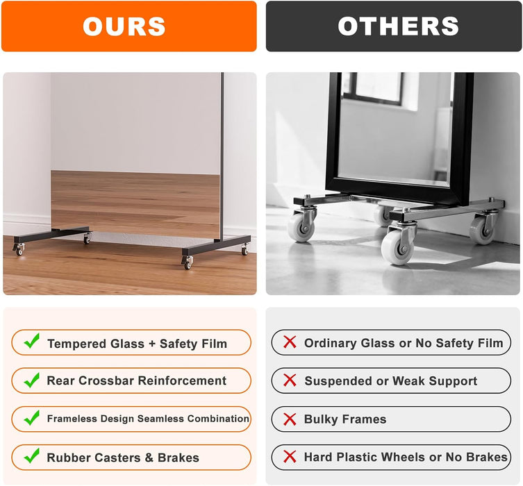 Full Length Stand Mirror on Wheels, Rect, 71X40 In