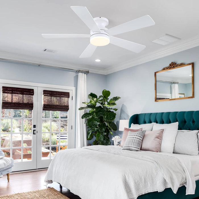 White Ceiling Fans with Lights - 46" Flush Mount Low Profile Ceiling Fan Light with 5 Double-Sided Blades, 6 Speeds 3CCT Reversible Motor, Modern Ceiling Fan for Indoor/Outdoor Patios