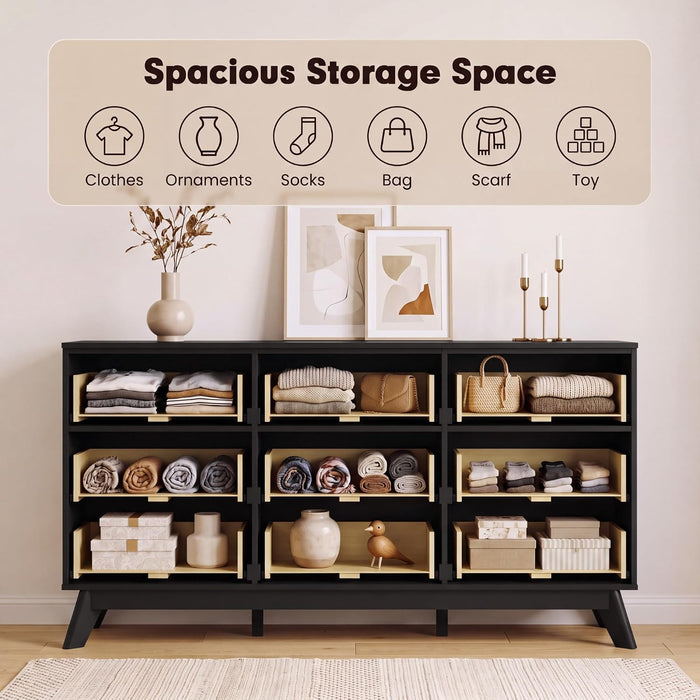 Fluted Dresser for Bedroom, 57" Wide Chest of 9 Drawers, Black