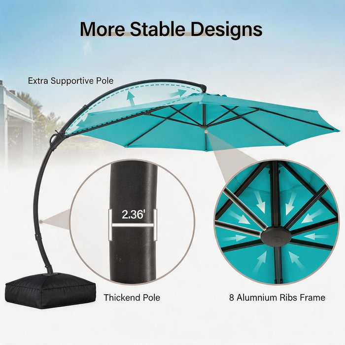 Outdoor Patio Umbrella with Base, 11 FT Deluxe Curvy Cantilever Umbrella Heavy Duty Offset Hanging Umbrella with 360° Rotation for Market, Pool, Garden, Backyard, Deck (Turquoise Blue)