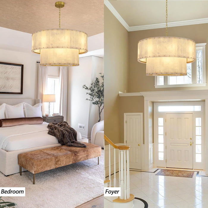 Alabaster Chandelier,D32In Spanish Marble round Alabaster Chandelier 2 Tiers,Modern Living Room Alabaster Chandeliers, Adjustable Gold Chandeliers for Dining Room,Bedroom,Bathroom,Entryway