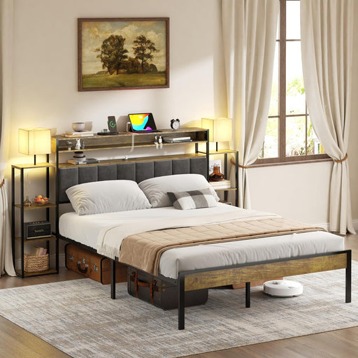 Upholstered Storage Headboard Queen Size Bed Frame - Farmhouse Metal Platform with Bookcase & Nightstand, Rustic Brown, Easy Assembly (No Box Spring Needed)