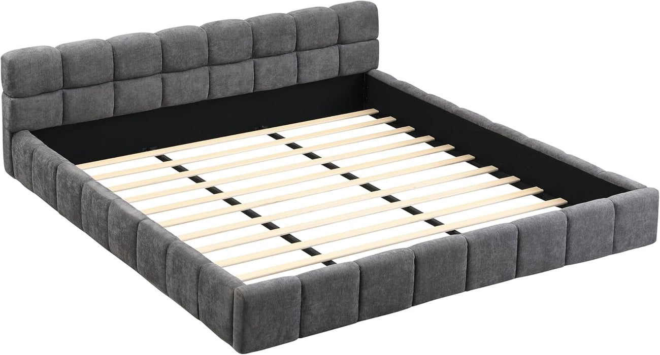 King Size Elegant Chenille Upholstered Platform Bed with Thick Headboard and Footboard, Block Style Upholstery Grounded Bed Frame, Gray