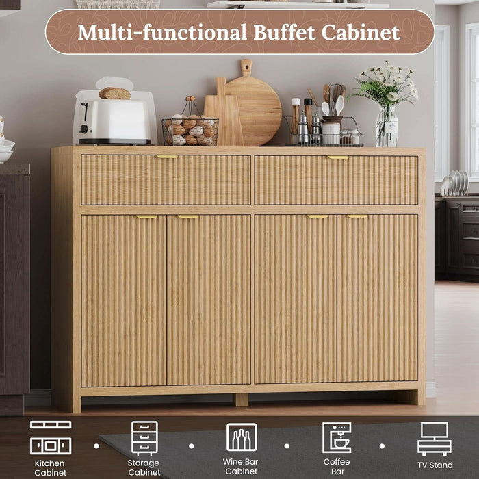 55" Fluted Sideboard Buffet Cabinet with Storage, Modern Credenza Oak