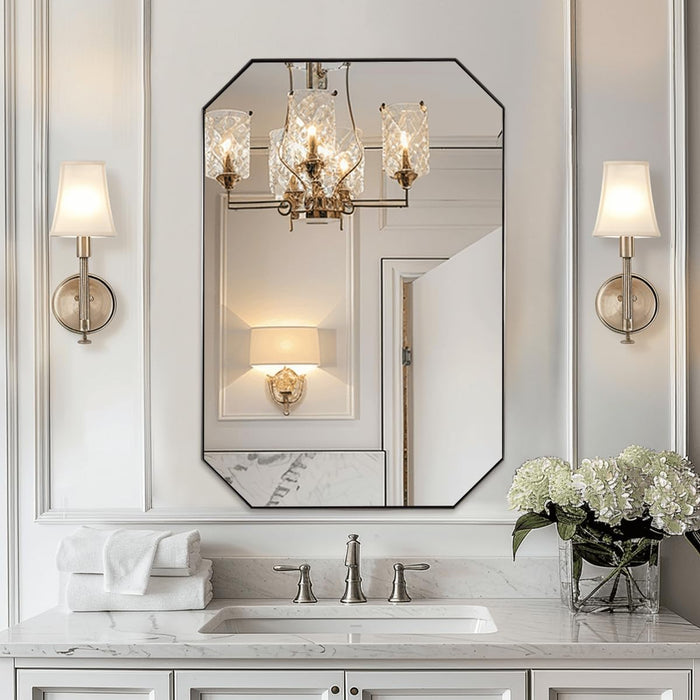 Brushed Nickel Octagon Bathroom Mirror, 24X36 Inch Stainless Steel Metal Frame, Anti-Rust, Shatterproof HD Glass, Wall Mounted for Bathroom, Bedroom, Living Room