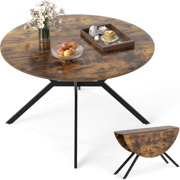 Folding Dining Table for 4, 47" round Kitchen Table for Small Space | Drop Leaf Kitchen Table W/Sturdy Metal Frame, Space-Saving Expandable Dinner Table for Dinette, Living Room, Apartment, Brown