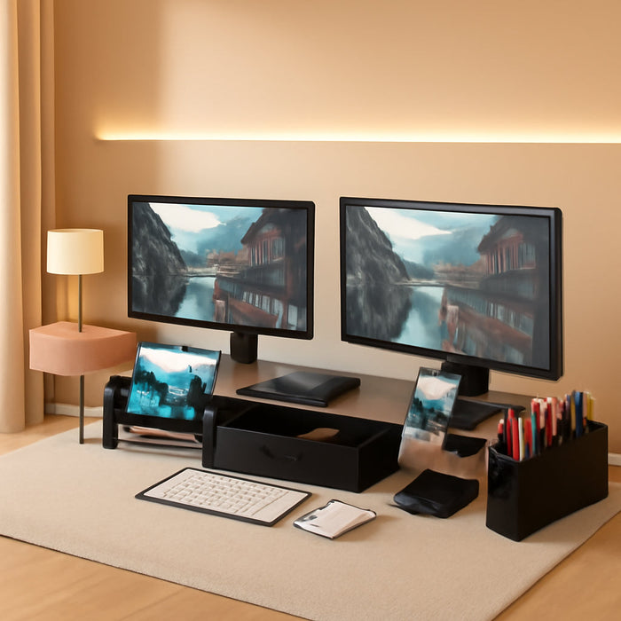 Desk Dual Monitor Stand Riser with Drawer, Rustic Brown