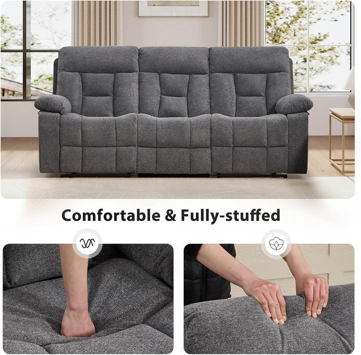 Reclining Sofa for Living Room, Extra Wide Modern Overstuffed 3 Seat Recliner Manual Sofa with Hidden Armrest Cup Holders, Soft Breathable Fabric and Padded Seat, Light Grey