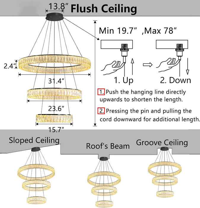 Modern Glam Chandelier Crystal LED Remote Rings Chandelier Adjustable Hanging Ceilings Pendant Lights Fixture Black 16"+24"+32" Rings Lighting
