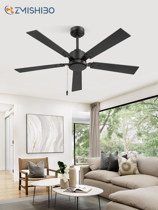 52 Inch Ceiling Fan No Light with Pull Chain, Modern Ceiling Fan without Lights, 6-Speeds, Quiet DC Motor, Remote Control, Black Ceiling Fan for Bedroom, Living Room, Indoor/Outdoor Use
