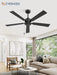 52 Inch Ceiling Fan No Light with Pull Chain, Modern Ceiling Fan without Lights, 6-Speeds, Quiet DC Motor, Remote Control, Black Ceiling Fan for Bedroom, Living Room, Indoor/Outdoor Use
