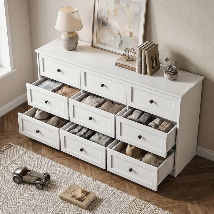 59" Wide White 9 Drawer Dresser for Bedroom with Black Metal Handle