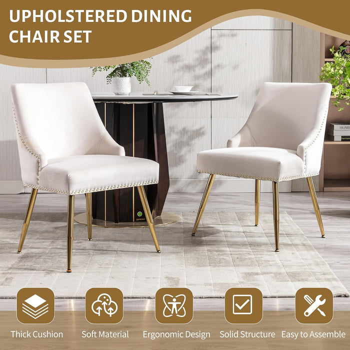 Velvet Dining Room Chairs Set of 2 Nailhead Back with Gold Legs,Beige