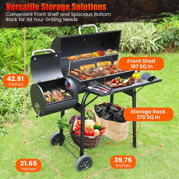 Charcoal Grills with Offest Smokers: Spacious Barrel Charcoal BBQ Grill | Barbecue Smoker Grill Combo for Outdoor Backyard Patio Camping Picnic and Party
