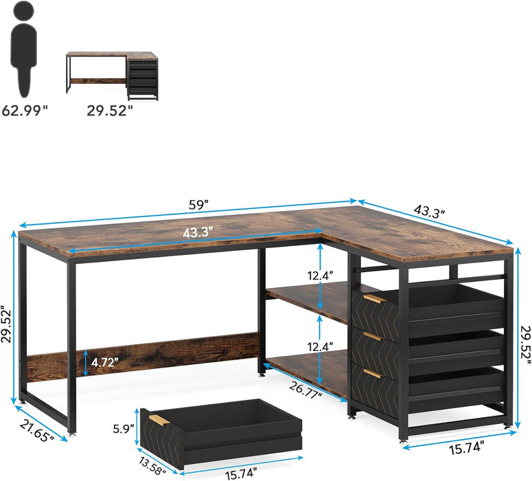 59-Inch L Shaped Desk with Drawers, Large Computer Desk with Storage Shelves, Reversible L-Shaped Corner Desk Workstation for Home Office