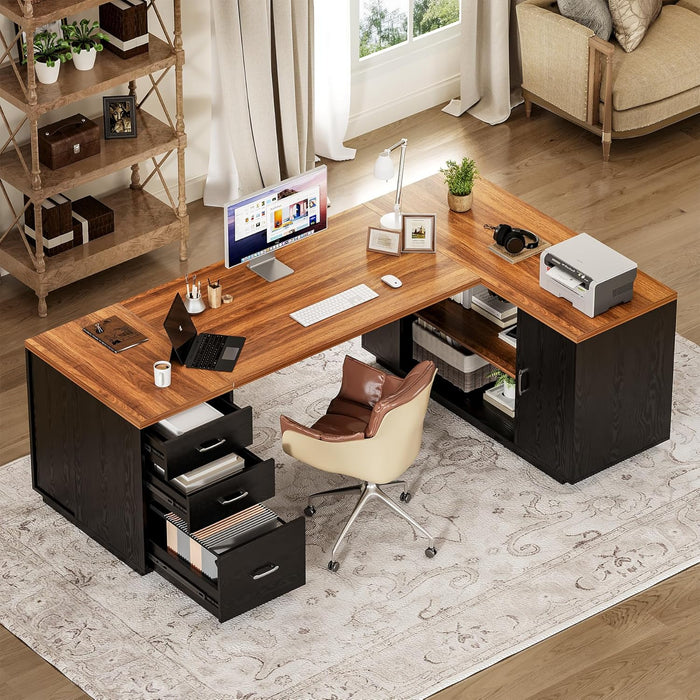 87-Inch Modern Executive Desk with File Cabinet, Large Home Office Desk with Drawers, 3-Drawer Wooden File Cabinet, Spacious Workstation for Home Office (Brown & Black)