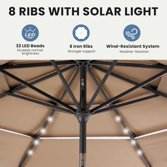 Outdoor Solar Patio Umbrella 3 Tiers with 32 LED Lights, Beach Market Table Umbrella with Crank and 8 Sturdy Ribs for Pool, Terrace, Restaurant