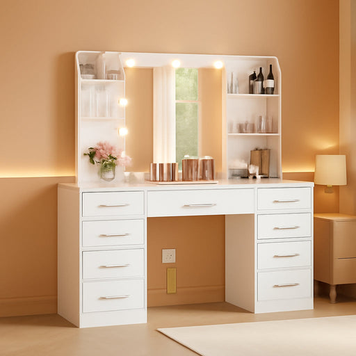 Vanity Desk with Mirror and Lights, Makeup Vanity with 9 Drawers, 4 Shelves & 5 Jewel Hooks, White Vanity with Outlet & 3-Color Dimmable LED, Dressing Table for Women, Bedroom, White