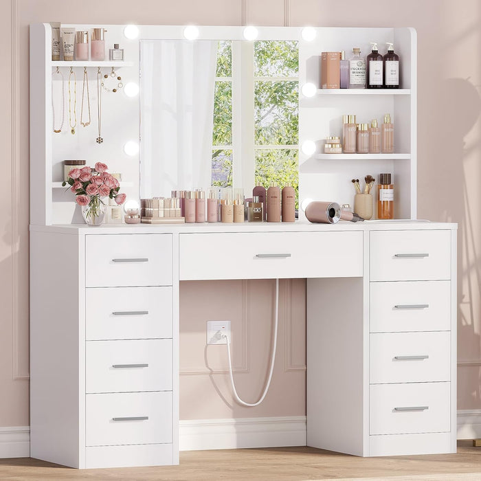 Vanity Desk with Mirror and Lights, Makeup Vanity with 9 Drawers, 4 Shelves & 5 Jewel Hooks, White Vanity with Outlet & 3-Color Dimmable LED, Dressing Table for Women, Bedroom, White