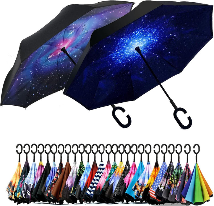 49/56 Inch Inverted Reverse Upside down Umbrella, Extra Large Double Canopy Vented Windproof Waterproof Stick Golf Umbrellas with C-Shape Handle.