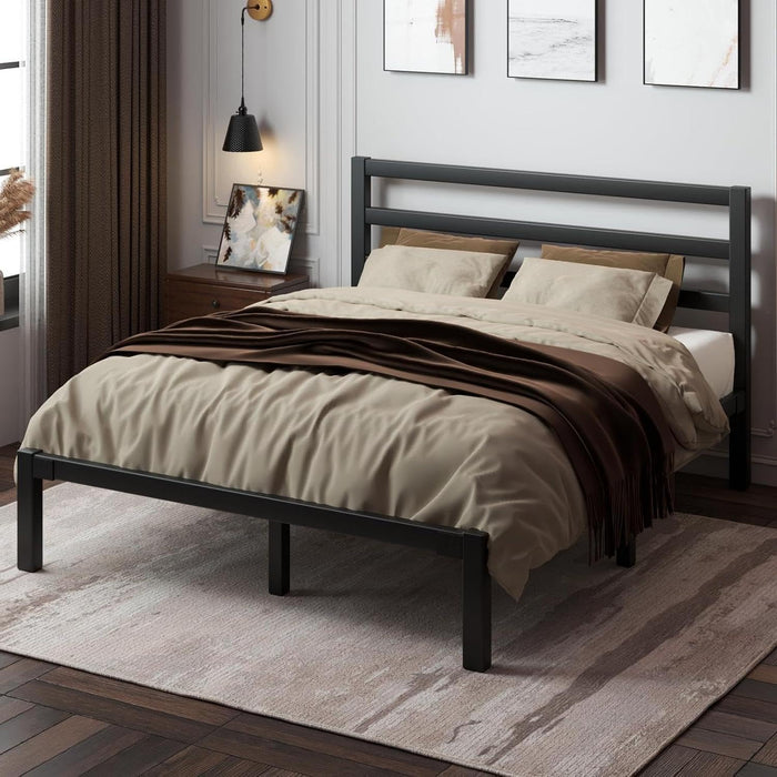 Full Size Metal Bed Frame with Headboard, Metal Slats, Black