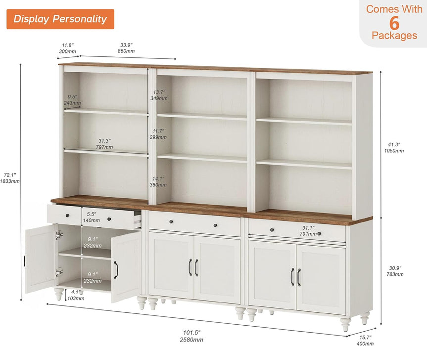 5 Tier Bookshelf 72" Tall Bookcase with Barn Doors, Large Farmhouse Display Book Shelf with 3 Drawers and Storage Cabinet, 3-In-1 Library Wood Bookshelves for Living Room or Kitchen, White