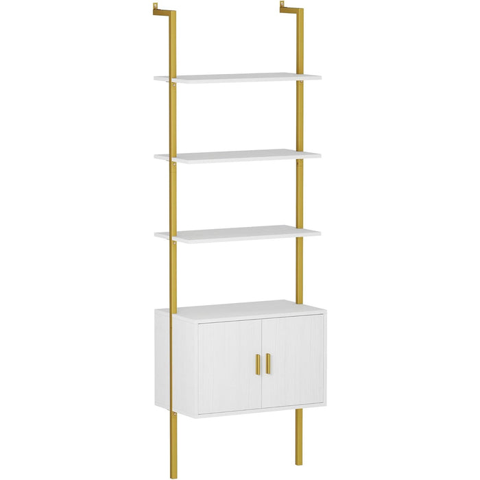 73" Tall Bookshelf with Cabinet, Industrial Ladder Wall Mount Shelf Bookcase with Wood and Metal Frame, Plant Shelf Wall Storage Display for Living Room Bedroom, White Gold