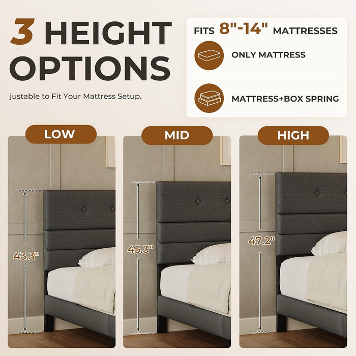 Queen Size Bed Frame with Linen Fabric Headboard, Adjustable Height Upholstered Platform Bed Frame with Wooden Slats, Easy Assembly, Black